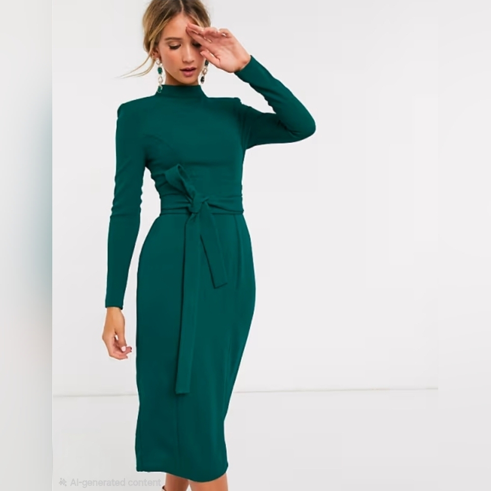 NWT ASOS DESIGN WOMENS LONG SLEEVE MIDI DRESS WITH OBI BELT ANTIQUE GREEN SIZE 8